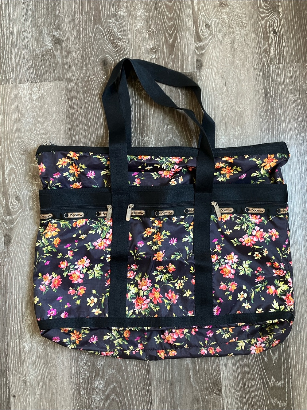 LeSportsac Black Floral Tote with Multicolor Blooms